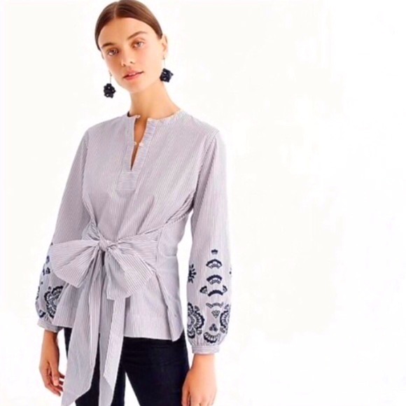 J.CREW The Striped Embellished Blouse NWT Size Medium Burgundy Ink Blue White - Picture 5 of 10